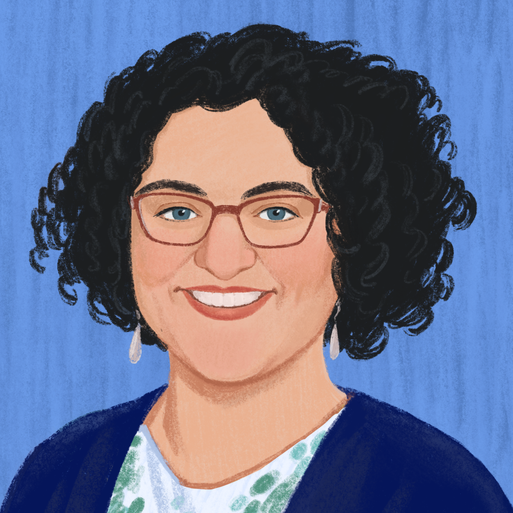 Brushstroke drawing of Gretchen McCulloch, a white woman with curly dark midlength hair and glasses and a blue-green shirt on