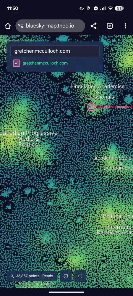 A diagram from the website bluesky-map.theo.io. It shows gretchenmcculloch.com next to many other websites.