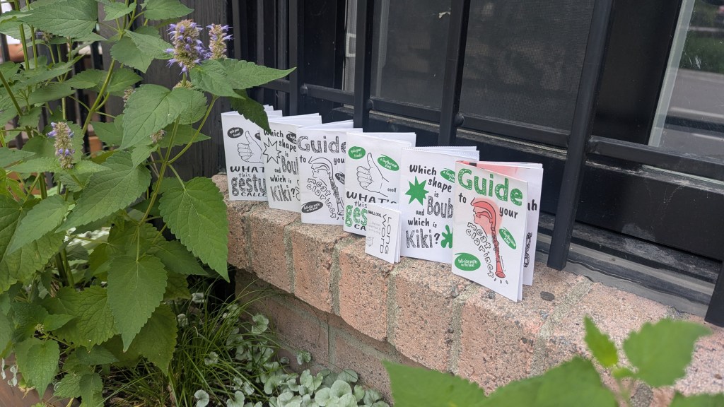 A whole row of zines lined up on a windowsill. Their titles are

Which shape is Bouba and which is Kiki?

What's this gesture called?

Small dog, long word

Guide to your meat clarinet