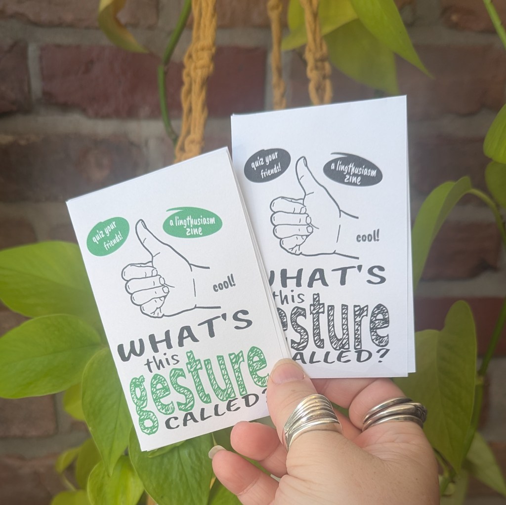 Two zines in front of a background with some plants. The title is "What's this gesture called?" One zine is black and white, and one is color.